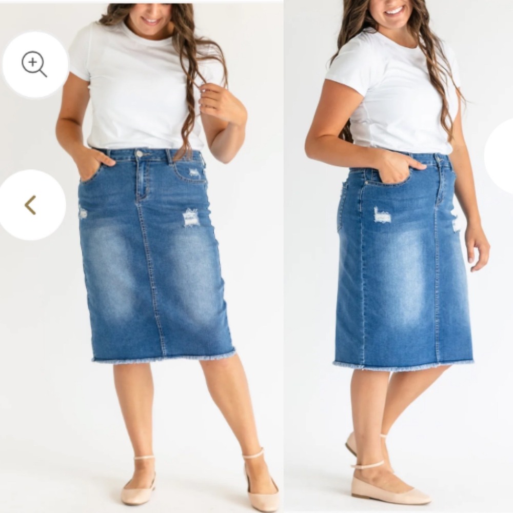 Inherit Hadley High Rise Midi Denim Skirt Womens 11/12 Blue Distressed Modest